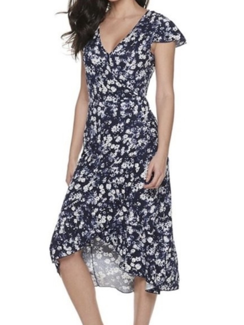 Juicy Couture Faux Wrap Midi Floral Ruffles Hi Low Hem Jersey Dress - XS